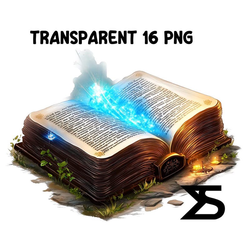 May include: An open, antique-looking book with gold accents and pages filled with text.  A blue glow emanates from the book, creating a magical effect.  The book is resting on a bed of green grass and rocks.
