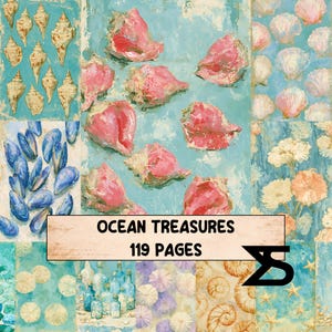 May include: A digital collage featuring various seashells, blue mussels, starfish, and glass bottles on a teal background. A central rectangular label displays the text "OCEAN TREASURES 119 PAGES" with a black logo symbol on the right side.