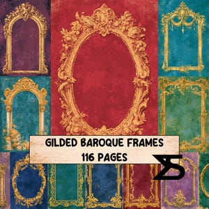 May include: A collection of ornate gold-colored frames in various shapes and sizes set against textured backgrounds in shades of red, blue, green, and purple. A rectangular label at the bottom displays the text GILDED BAROQUE FRAMES 116 PAGES.