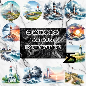 May include: A set of 23 watercolor illustrations of lighthouses. Each image features a lighthouse with a variety of backgrounds, including seascapes, cliffs, and stormy skies. The images are perfect for adding a nautical touch to any project.