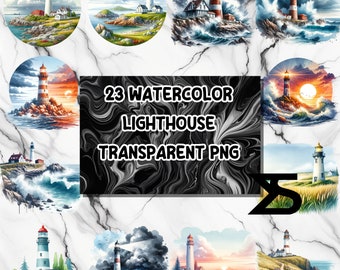 23 Watercolor lighthouse Clipart PNGs, clipart bundle, commercial use, digital download, instant download