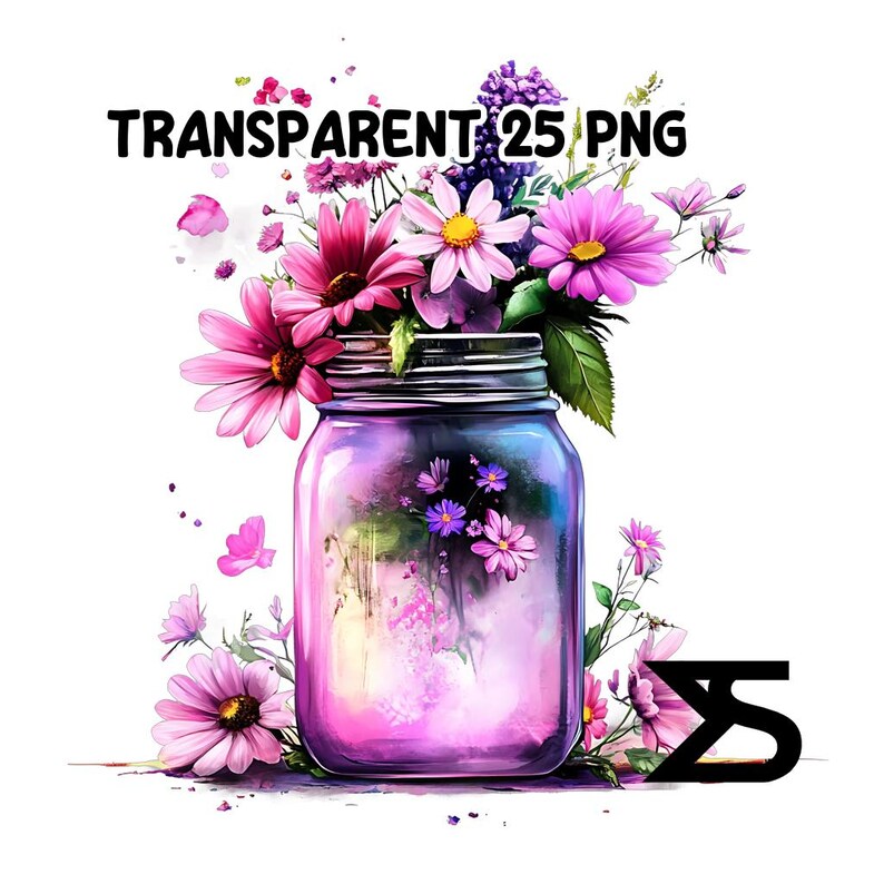 May include: A watercolor painting of a mason jar filled with pink and purple flowers. The jar has a silver lid and is sitting on a white background.
