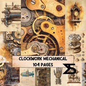 Könnte beinhalten: Eine Collage von Illustrationen im Steampunk-Stil mit Uhrwerkmechanismen, Zahnrädern und Vintage-Maschinen. Der Text "CLOCKWORK MECHANICAL 104 PAGES" wird auf einem Banner in der Mitte des Bildes angezeigt. Die Farbpalette umfasst Sepiatöne, Gold und Bronze.