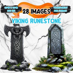May include: Two Viking rune stones, one shaped like a cross with a skull at the top and the other a tall rectangular stone with intricate carvings. Both stones are set on a bed of moss and rocks.