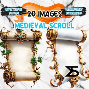 May include: 20 images of a medieval scroll with ornate gold trim and a blank parchment scroll. The scroll is set against a white marble background. The images are in PNG format.