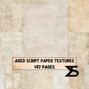 Könnte beinhalten: Eine Sammlung von gealterten Skript-Papiertexturen in verschiedenen Beige-, Braun- und Cremetönen. Das Bild zeigt mehrere überlappende Blätter mit handschriftlichem Text. Ein rechteckiges Etikett trägt die Aufschrift AGED SCRIPT PAPER TEXTURES 147 PAGES.