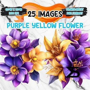 Image PNG aquarelle fleur jaune pourpre sur fond transparent, sticker numérique/Scrappbooking, usage commercial, téléchargement numérique instantané