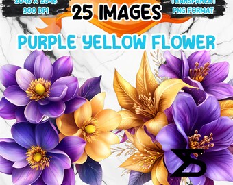 Aquarel paarse gele bloem PNG-afbeelding op transparante achtergrond, digitale sticker/scrapbooking, commercieel gebruik, instant digitale download