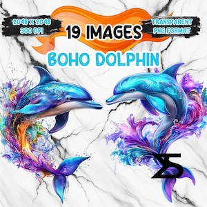 Aquarelle Boho Dolphin PNG Image sur fond transparent, sticker numérique/Scrappbooking, usage commercial, téléchargement numérique instantané