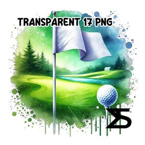 Puede incluir: Una ilustraci&oacute;n de acuarela de un campo de golf con un fairway verde, una bandera blanca en un poste, un r&iacute;o y una bola de golf en un tee. El fondo es una acuarela verde y azul.