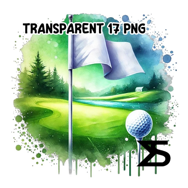 Puede incluir: Una ilustraci&oacute;n de acuarela de un campo de golf con un fairway verde, una bandera blanca en un poste, un r&iacute;o y una bola de golf en un tee. El fondo es una acuarela verde y azul.