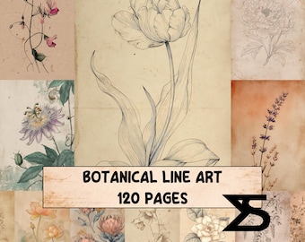 Kit imprimible de diario creativo con ilustraciones botánicas lineales, dibujos botánicos vintage en blanco y negro, imágenes prediseñadas y descarga digital instantánea.