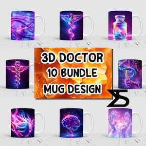 Könnte beinhalten: Ein Bundle mit 10 3D-Tassen-Designs zum Thema Arzt. Die Designs zeigen verschiedene medizinische Symbole, darunter einen Caduceus, eine DNA-Sequenz, ein Gehirn und ein Stethoskop. Die Tassen sind alle weiß mit glänzender Oberfläche. "3D Doctor 10 Bundle Mug Design" ist in gelber Schrift auf orangefarbenem Hintergrund geschrieben.