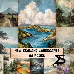 Könnte beinhalten: Eine Sammlung von Aquarellmalereien, die Landschaften Neuseelands darstellen. Die Bilder zeigen Berge, Küsten und üppiges Grün. Der Text "NEW ZEALAND LANDSCAPES" und "99 PAGES" ist auf einem Banner zu sehen.