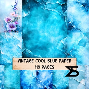 May include: A digital paper pack featuring a collage of blue textures and floral accents. The text "VINTAGE COOL BLUE PAPER" and "119 PAGES" is displayed on a banner. A stylized "S" logo is in the lower right corner.