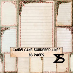 May include: A collection of 83 pages of stationery featuring lined paper with candy cane borders, pine branches, and red berries. The text CANDY CANE BORDERED LINES 83 PAGES is displayed over the center of the various rectangular paper designs.