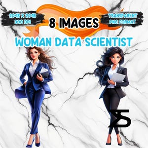 Könnte beinhalten: Digitale Illustration von zwei Frauen in Business-Anzügen. Eine trägt einen blauen Anzug, die andere einen schwarzen. Text enthält "8 IMAGES", "WOMAN DATA SCIENTIST" und Bildauflösungsdetails. Transparentes PNG-Format.