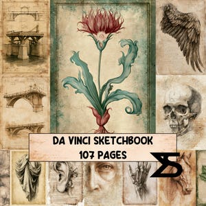 Puede incluir: Un cuaderno de bocetos Da Vinci de 107 páginas con un collage de ilustraciones de estilo vintage que incluye una flor roja, dibujos arquitectónicos de puentes, un ala de ave, un cráneo humano, tela drapeada, una oreja, un rostro, una mano y una cabeza de caballo.