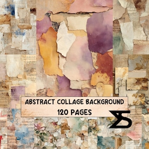 Könnte beinhalten: Ein abstrakter Collage-Hintergrund mit zerrissenen Papierstücken in Orange-, Lila- und Beigetönen. Das Bild enthält den Text "ABSTRACT COLLAGE BACKGROUND" und "120 PAGES".