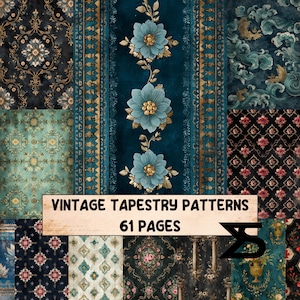 May include: A collage of vintage tapestry patterns in various designs and colors, including teal, navy, and black. The image features floral and ornamental motifs, with a central panel showcasing teal flowers with gold accents. Text reads "VINTAGE TAPESTRY PATTERNS 61 PAGES".