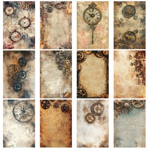 Op de afbeelding: Een verzameling van twaalf digitale kunstprints met steampunk-thema. Elke print heeft een vintage esthetiek met klokken, tandwielen en verouderde papiertexturen. Het kleurenpalet omvat bruin, beige en hints van blauw, wat een rustiek en industrieel gevoel cre&euml;ert.