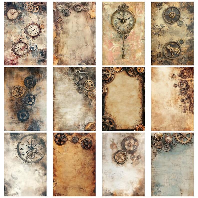 Op de afbeelding: Een verzameling van twaalf digitale kunstprints met steampunk-thema. Elke print heeft een vintage esthetiek met klokken, tandwielen en verouderde papiertexturen. Het kleurenpalet omvat bruin, beige en hints van blauw, wat een rustiek en industrieel gevoel cre&euml;ert.