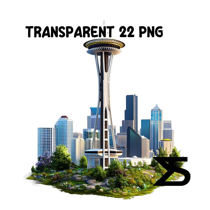 May include: A digital illustration of the Seattle Space Needle and surrounding cityscape, with a green grassy area at the base of the tower. The text "TRANSPARENT 22 PNG" is at the top of the image.