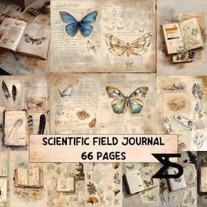 May include: A selection of open journals and notebooks featuring butterfly illustrations and handwritten notes. The image includes the text "Scientific Field Journal" and "66 Pages". The journals have a vintage aesthetic with aged paper.