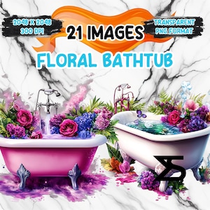 Könnte beinhalten: Zwei weiße Porzellanbadewannen gefüllt mit bunten Blumen und Wasser. Eine Badewanne ist rosa und hat einen silbernen Wasserhahn. Die Badewannen stehen auf einer weißen Marmorfläche. 21 BILDER TRANSPARENTES PNG-FORMAT