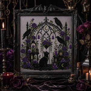 Witchy Katze und Krähe Cross Stitch Pattern: Witchy Floral Fantasy Embroidery PDF