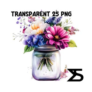 May include: A bouquet of purple, pink, white, and blue flowers in a clear glass jar. The flowers are arranged in a vase with a rustic, farmhouse style.