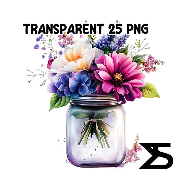 May include: A bouquet of purple, pink, white, and blue flowers in a clear glass jar. The flowers are arranged in a vase with a rustic, farmhouse style.