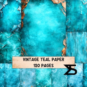 May include: A digital paper pack featuring a variety of teal and turquoise textures with a vintage aesthetic. The image includes a banner that reads "VINTAGE TEAL PAPER" and "120 PAGES". The overall design has a distressed, aged appearance.