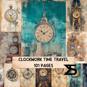 Clockwork Time Travel steampunk junk journal set mit vintage ephemera papieren taschen etiketten und collagebogen fuer reisetagebuch