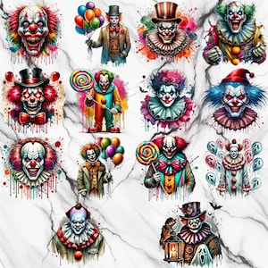 14 Clipart de palhaço de Halloween assustador em aquarela, pacote de clipart, uso comercial, download digital, download instantâneo