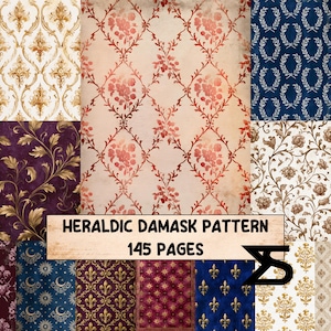 May include: A collection of various patterned papers featuring heraldic damask designs in colors including gold, cream, deep blue, purple, and red. A central rectangular label displays the text HERALDIC DAMASK PATTERN 145 PAGES.