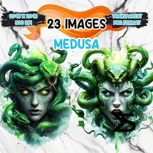 May include: Digital art featuring two Medusa portraits with green snakes for hair, glowing yellow eyes, and a pale complexion. The image includes text that reads "23 IMAGES", "MEDUSA", "TRANSPARENT PNG FORMAT", and image dimensions.