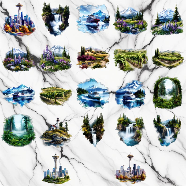 May include: A collage of 18 different scenic images featuring various landscapes, including mountains, forests, waterfalls, and cityscapes. The images are arranged in a grid pattern on a white marble background.