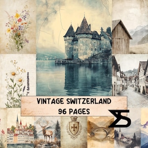 May include: A collage of vintage-style images featuring Swiss landscapes and architecture. Includes a castle on a lake, floral illustrations, and town scenes. The text "VINTAGE SWITZERLAND" and "96 PAGES" is displayed on a banner.