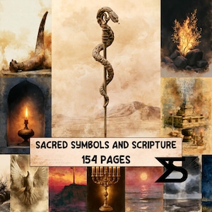 Könnte beinhalten: Eine Collage aus religiösen und symbolischen Bildern mit einem zentralen Stab mit Schlange, einem brennenden Dornbusch, einer brennenden Kerze, einer Taube, einer Menora und einem Sonnenuntergang. Der Text lautet SACRED SYMBOLS AND SCRIPTURE 154 PAGES.