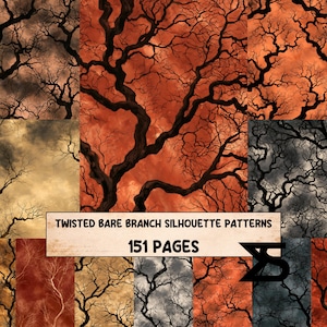 May include: A digital collection of 151 pages featuring twisted bare branch silhouette patterns against varied backgrounds of orange, red, gray, and beige clouds. The text TWISTED BARE BRANCH SILHOUETTE PATTERNS 151 PAGES is centered on a light rectangular banner.