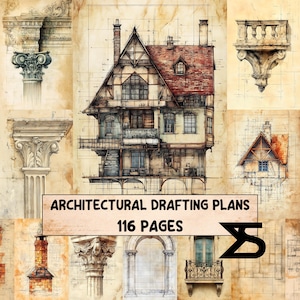 May include: An architectural drafting plans design with a central illustration of a detailed house, surrounded by architectural elements. The text "ARCHITECTURAL DRAFTING PLANS" and "116 PAGES" is displayed on a banner. The overall color scheme is sepia and beige.
