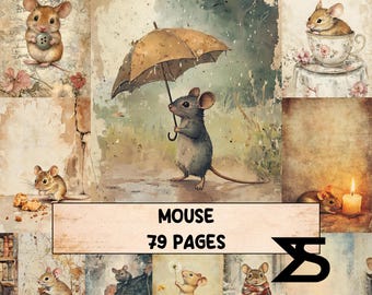 Vintage junk-dagboekkit muis met afdrukbare ephemera collagepapier, tags, vakjes en dagboekaanwijzingen voor scrapbooking en mixed media