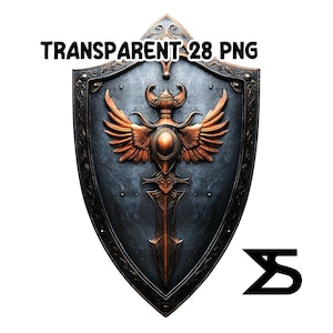 K&ouml;nnte beinhalten: Ein Schild mit detailliertem Design, das ein zentrales Emblem mit Fl&uuml;geln und einem Schwert zeigt. Der Schild ist haupts&auml;chlich dunkelgrau mit bronzefarbenen Akzenten. Der Text "TRANSPARENT 28 PNG" befindet sich oben.