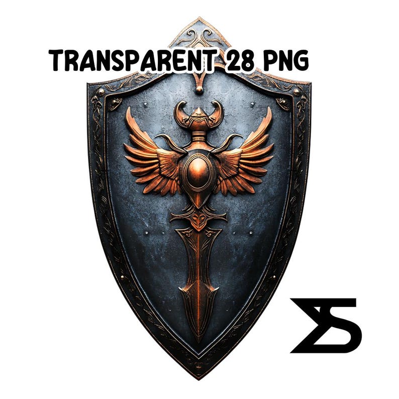 K&ouml;nnte beinhalten: Ein Schild mit detailliertem Design, das ein zentrales Emblem mit Fl&uuml;geln und einem Schwert zeigt. Der Schild ist haupts&auml;chlich dunkelgrau mit bronzefarbenen Akzenten. Der Text "TRANSPARENT 28 PNG" befindet sich oben.