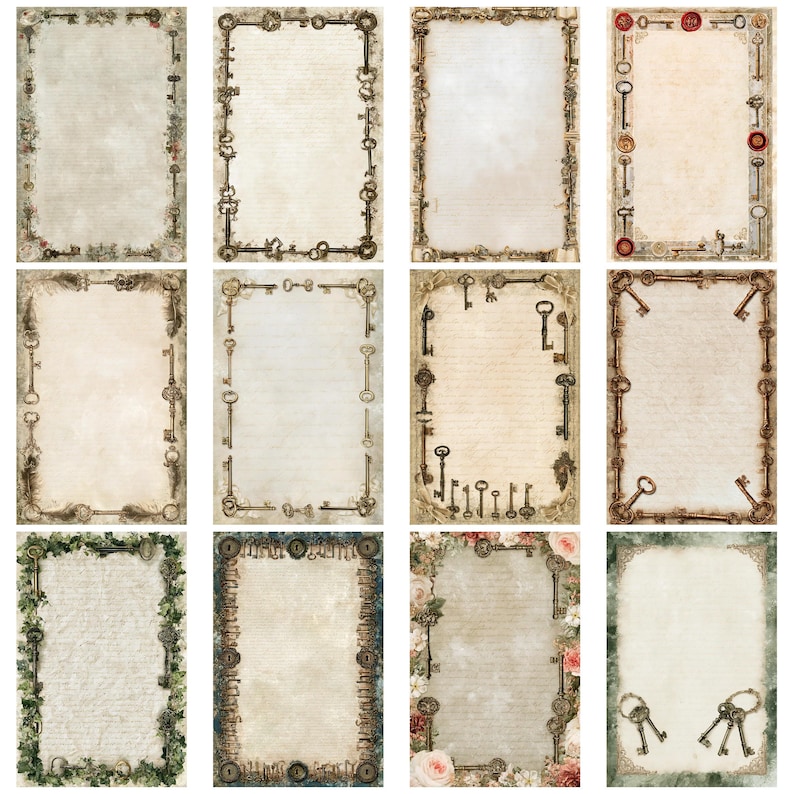 Antique Key Manuscript Borders Vintage Printable Junk Journal Kit ...
