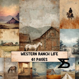 May include: A collage of watercolor paintings depicting Western ranch life. Scenes include barns, horses, cowboys, and landscapes. The text "WESTERN RANCH LIFE 61 PAGES" is displayed in a black font.