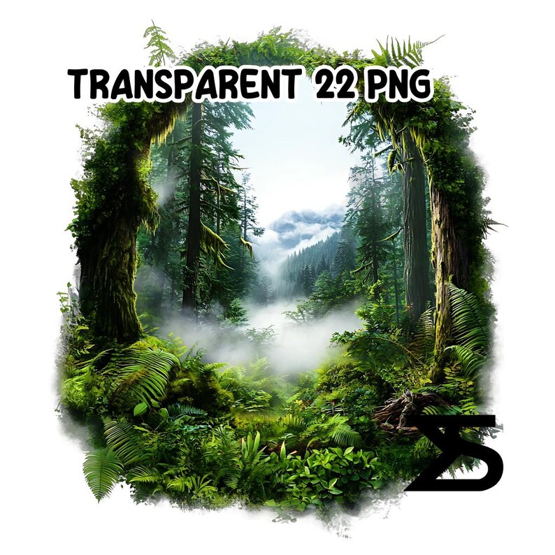 May include: A lush green forest scene with tall trees and fog. The trees are covered in moss and ferns. The fog is thick and white, and it creates a mysterious and ethereal atmosphere.