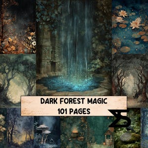 Może przedstawiać: Kolaż mrocznych scen leśnych z wodospadem, drzewami i grzybami. Tekst "DARK FOREST MAGIC 101 PAGES" jest wyświetlany na banerze. Paleta kolorów obejmuje zielenie, błękity i brązy, tworząc mistyczną atmosferę.