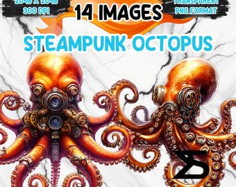 Aquarel Steampunk Octopus PNG-afbeelding op transparante achtergrond, digitale sticker/scrapbooking, commercieel gebruik, instant digitale download